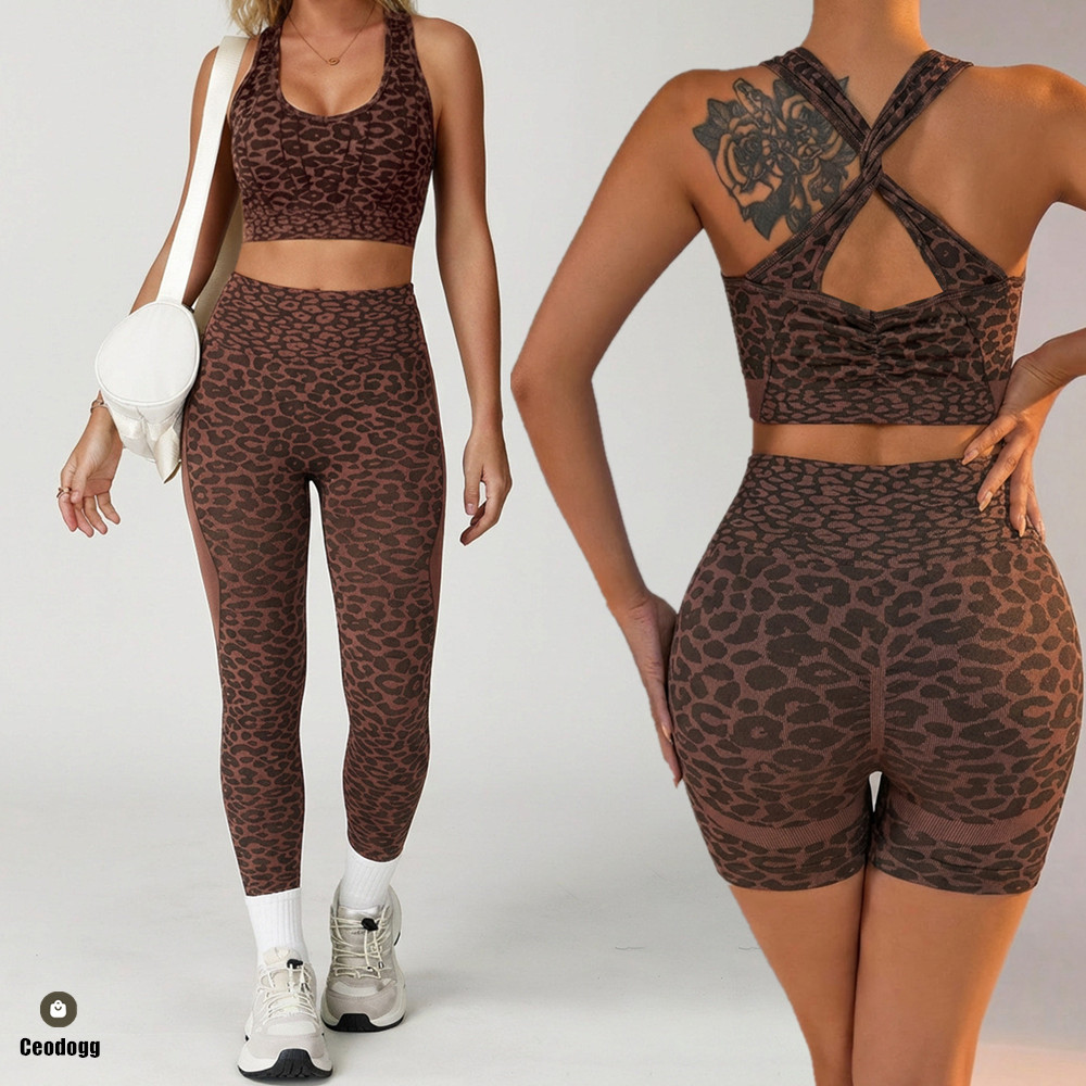 2PCS Pad Leopard Yoga Set Wome - Pilates Yoga Leggings 评论和价格