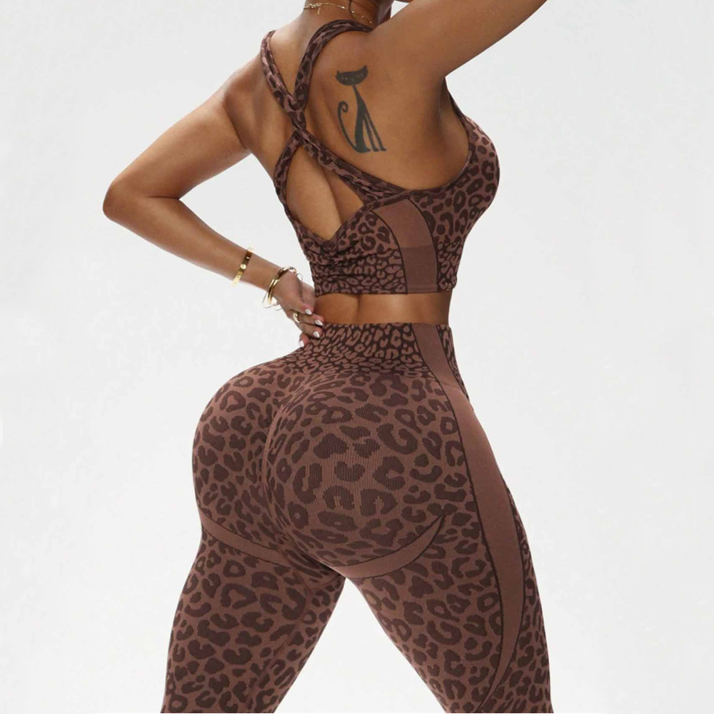 2PCS Pad Leopard Yoga Set Wome - Pilates Yoga Leggings 评论和价格